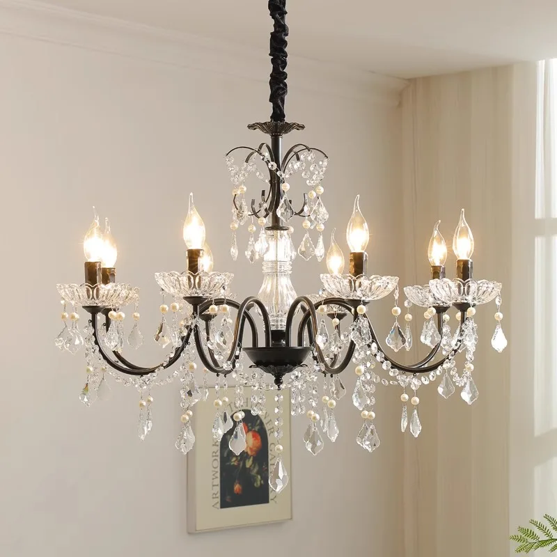 American Retro Black E14 Chandeliers Art Lustre Crystal Living Room Ceiling Pendant Lights Decor
