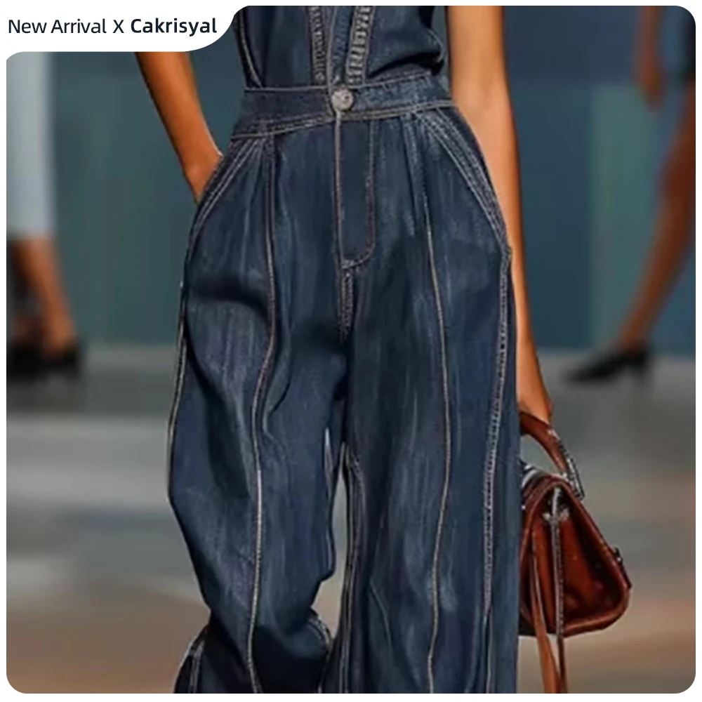 Women Contrast Stitching Halter V-Neck Denim Jumpsuit High Waist Wide Leg Pants With Pockets Summer Streetwear Overalls Jumpsuit