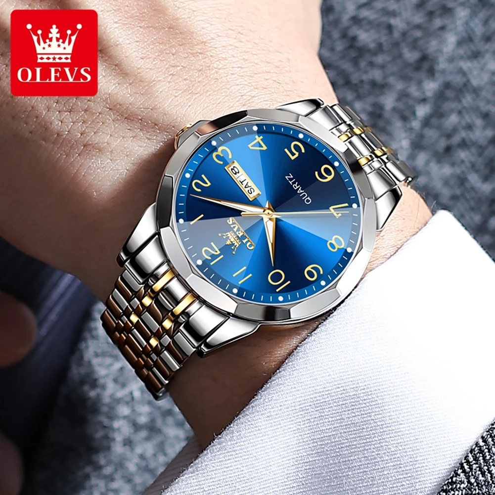 OLEVS-Montre à Quartz Étanche pour Homme d'Affaires, Bracelet en Acier Inoxydable, Échelle Numérique, Surface Miroir Prismatique, Calendrier Touriste