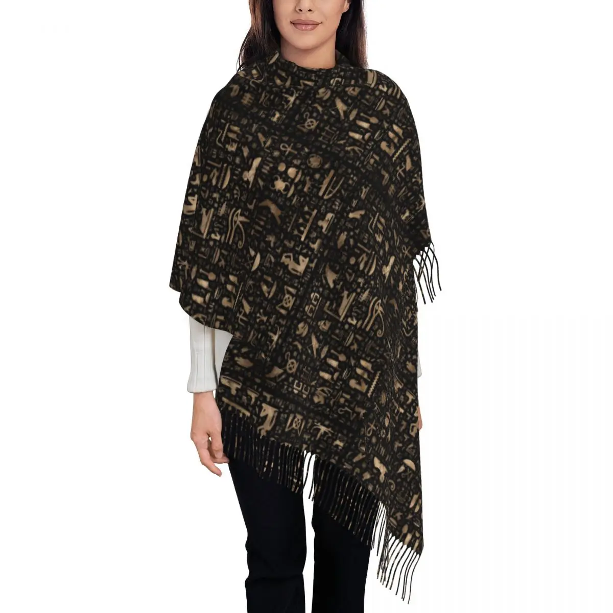 Ancient Egyptian Hieroglyphs Tassel Scarf Women Soft Egypt Symbol Shawls Wraps Ladies Winter Fall Scarves