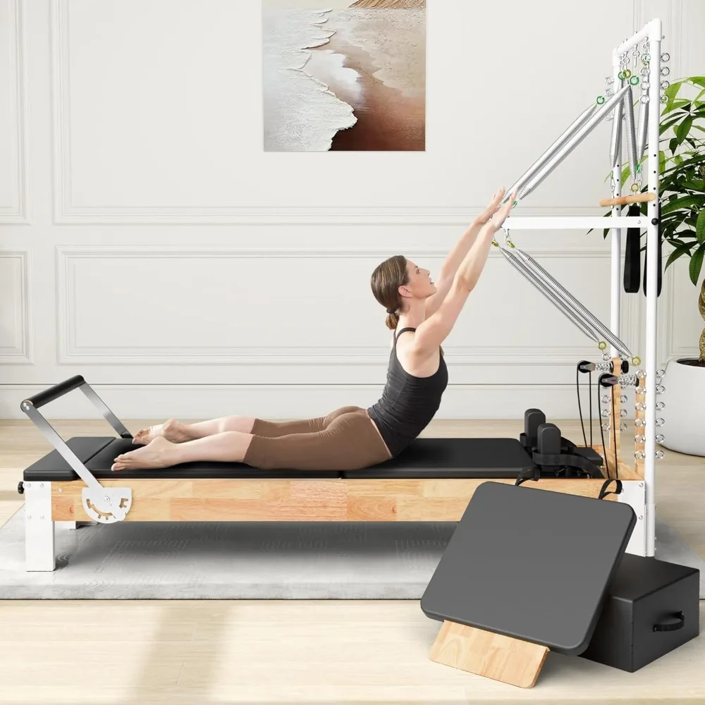 

Pilates Reformer, Wooden Reformer Pilates Machine with Tower & Mat, Pilates Equipment for Home , Includes Sitting Box, Jumpboard