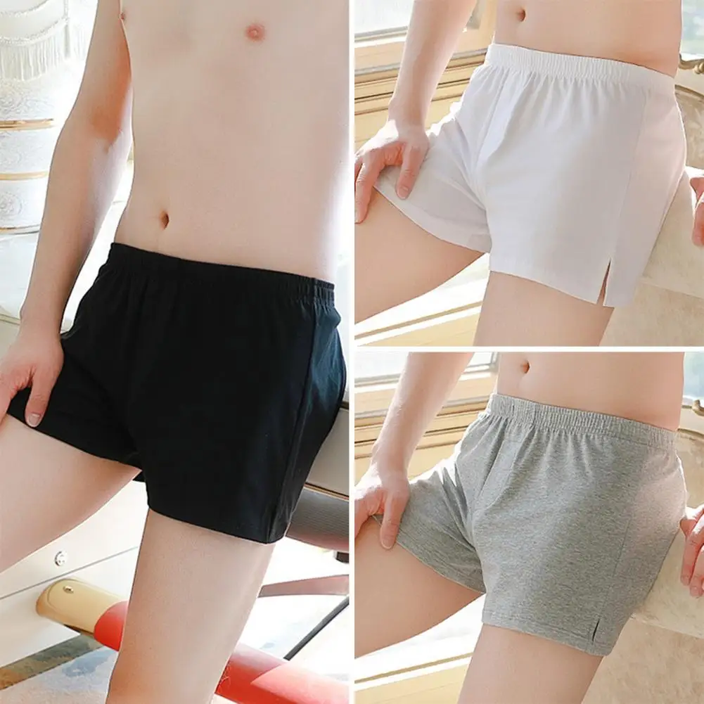 Side Split Shorts Briefs Breathable Elastic Waist Men's Loose Fit Shorts Comfortable Mid-rise Underpants for Home Sleepwear