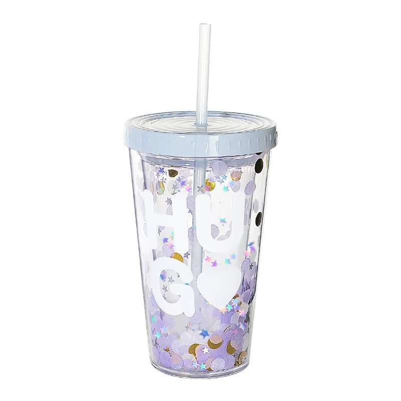 Dot Wave Plate Pipette Tumbler Double Layer Sequin Lovely Pink Plastic Water Bottle with Cover Straw Green Ice Cup In Summer