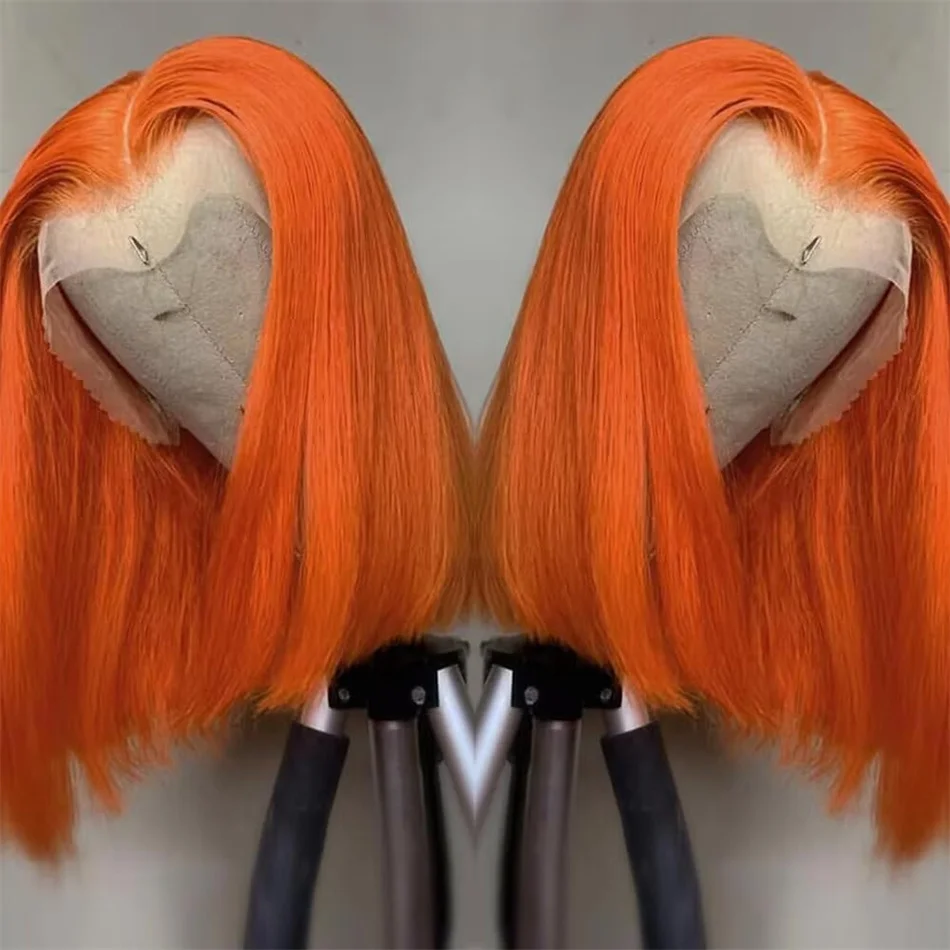 13x4レースフロントショートボブウィッグ350ジンジャーオレンジカラーストレート透明レースフロントウィッグ人毛黒人女性用12インチ