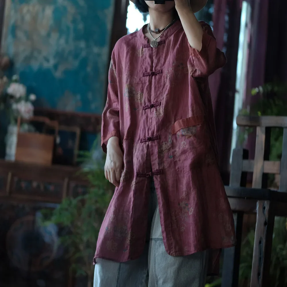 예술적 복고풍 얇은 라미 인쇄 중간 길이 셔츠 여성 중국 민족 스타일 개구리 단추 레저 태양 보호 탑 포켓