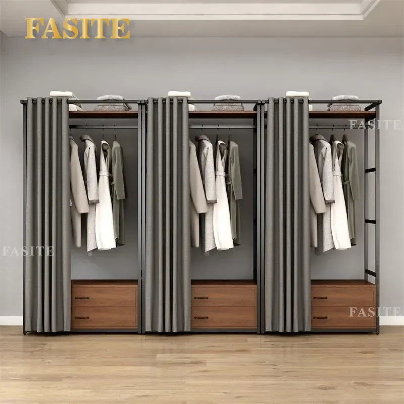 For Bedroom Metal Floor to Ceiling Coat Rack Open Corner Wardrobe with Curtain Heavy Duty Clothes Storage Organizer Space