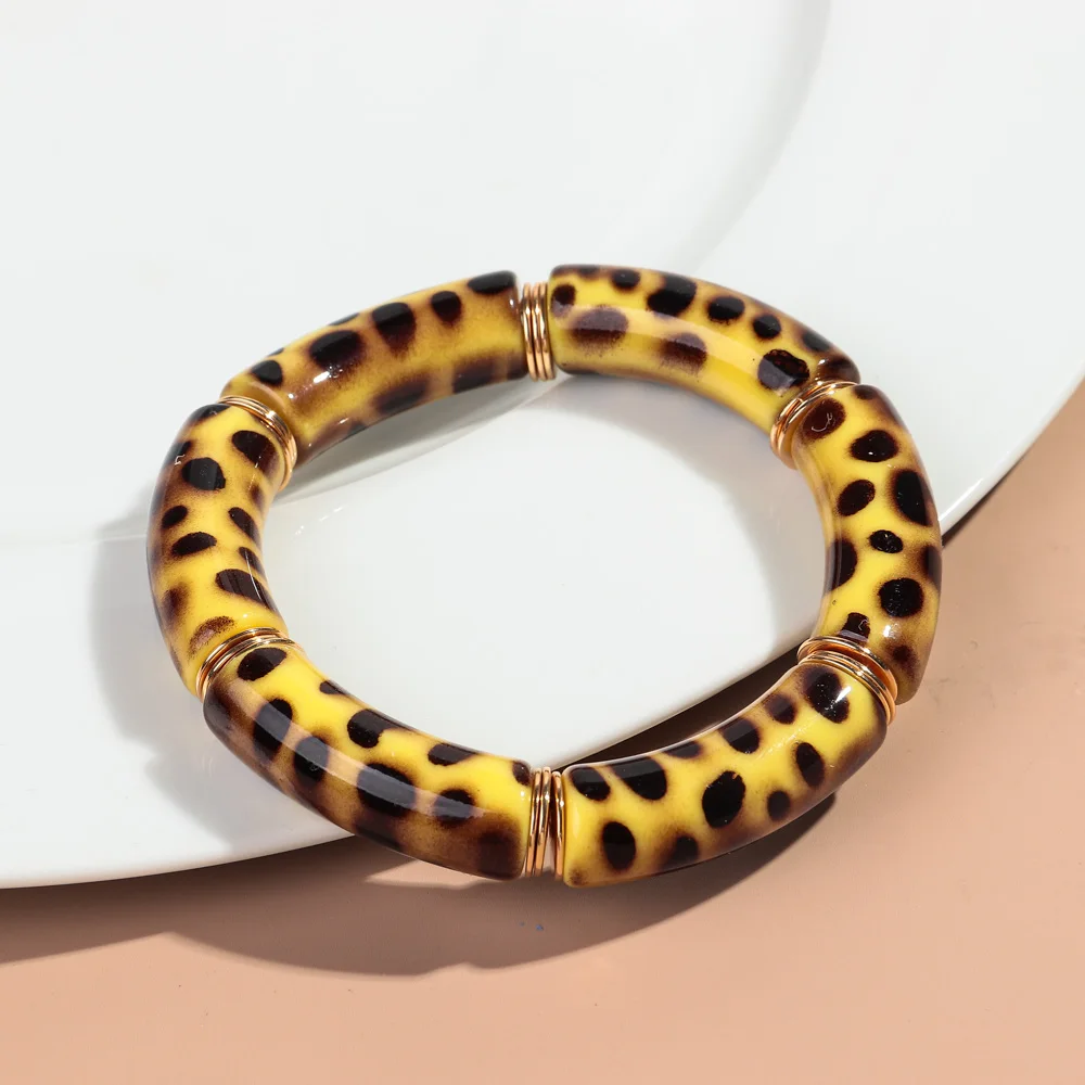 Vintage Acryl Leopard Elastische Gebogene Rohr Perlen Armbänder Neue Stretch Dicken Armreif frauen Mode Schmuck Geschenke – Detail 9