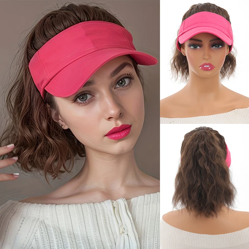 Long Wavy Ponytail Wigs Baseball Cap with Hair Adjustable Hat with Synthetic Curly Wavy Attached Wig for Women 12 Inch