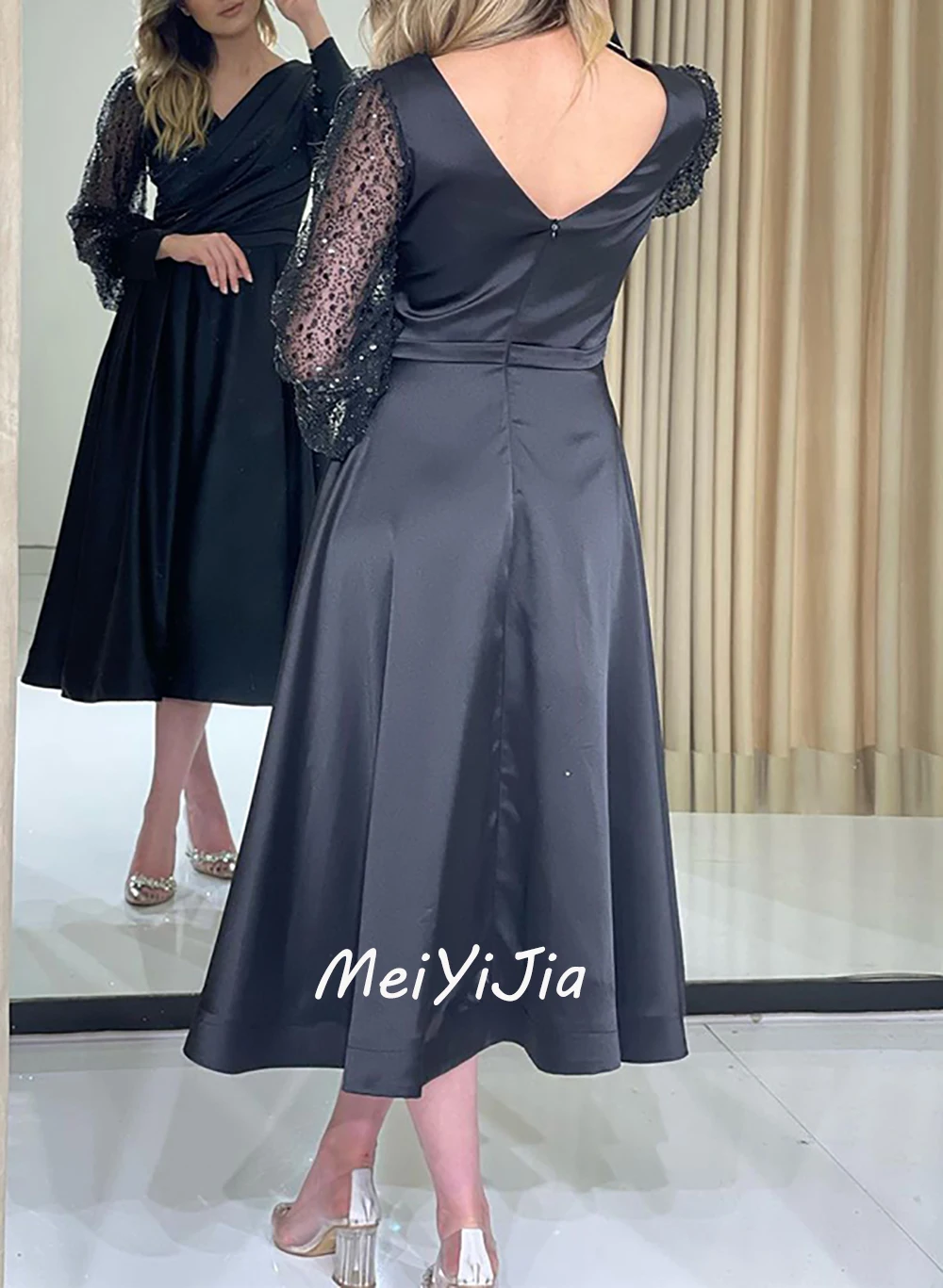 Meiyijia Evening Dress Satin Long Sleeves Beaded Zipper Up Ruffle Saudi Arabia Sexy Evening Birthday Club Outfits Summer 2024