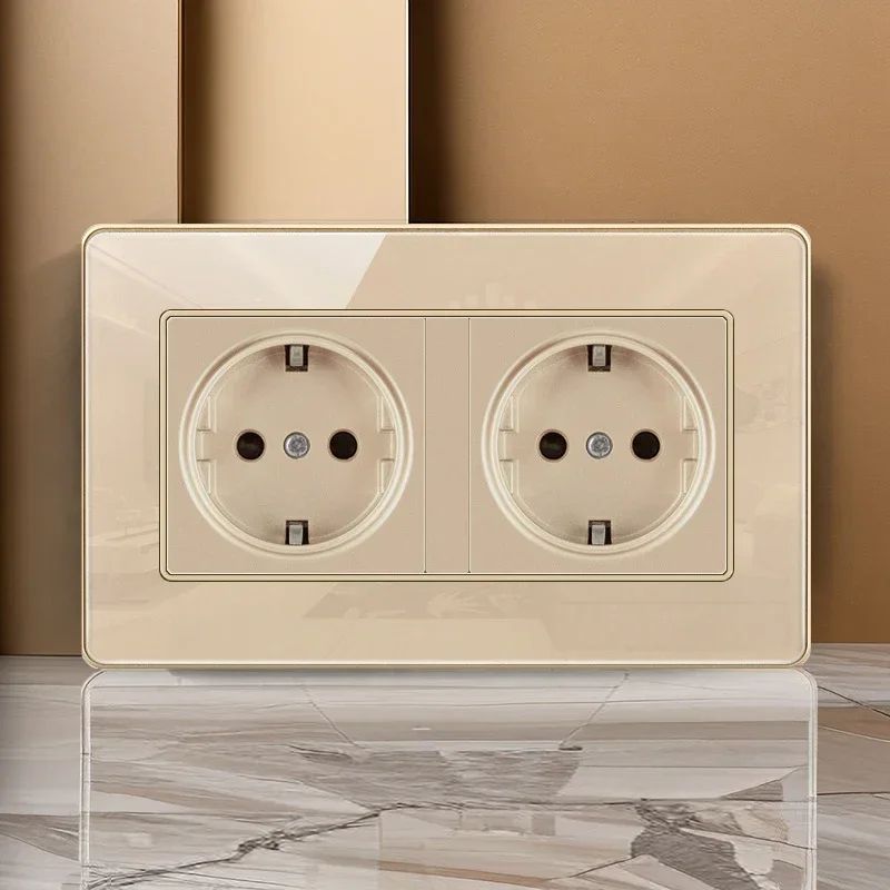 

T&I 16A AC Outlet German Socket 2PIN Eu Standard Glass Plate Double Pole Wall Switch and Socket Glass Gloden Frame 86*86mm
