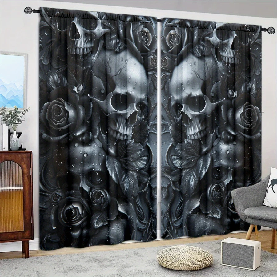 2PCS Digital Printed Curtains, 3D Black Skulls Roses Water Drops Realistic, Dark Gothic Floral Skeleton Texture Window Decor