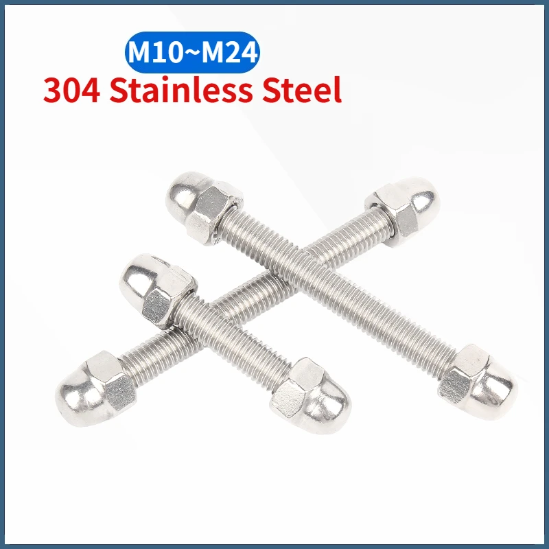 304 A2 Stainless Steel Full Threaded Rod Bar Studding Thread And Dome Nuts Combination Set M10 M12 M14 M16 M18 M20 M22 M24
