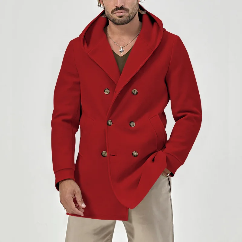 Trench da uomo europeo e americano lungo collo a scatto con cappuccio in cotone composito spaziale doppio petto trench casual