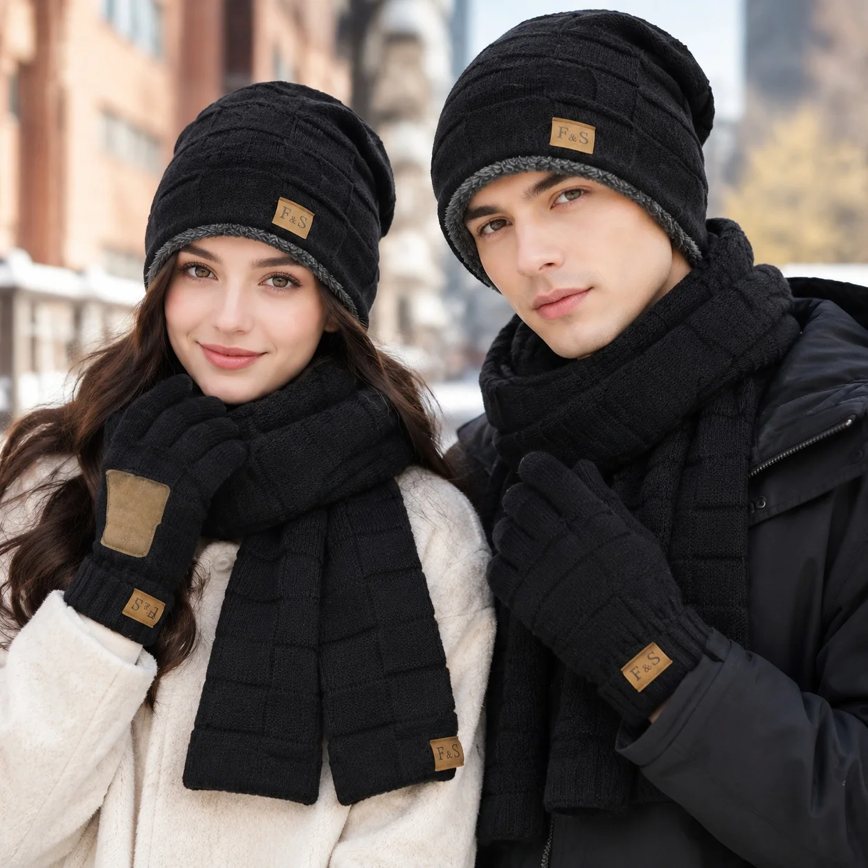 Hat Style Set Sporty with Simple Western Sporty Style Square Pattern Scarf Gloves Office Three Winter Set for Women and Men
