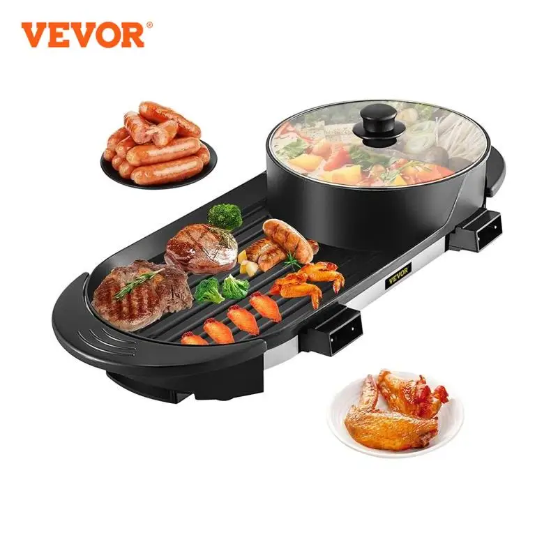 VEVOR 2 in 1 Electric BBQ Pan Grill Hot Pot Portable Smokeless Durable Material Fast Even Heated for Shellfish Vegetables Home