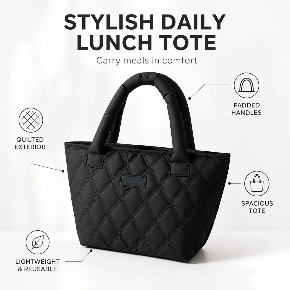 New Quilted Pattern Lunch Tote Bag Insulated Lightweight Lunch Bag Padded Handles Reusable Meal Bag Work Commute