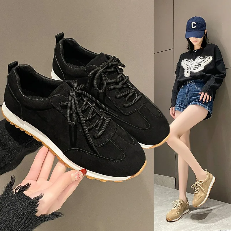 2024 Spring/Summer/Autumn New Classic Suede Retro Round Headed Lace up Flat Bottom Casual Large Size Single Shoes for Women