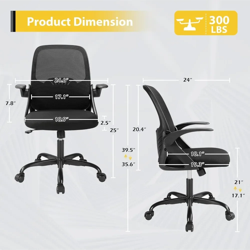 Mid-Back Ergonomic Office Chair - Comfortable Mesh Computer Chair with Wheels Comfy Swivel Task Chair with Flip-up Arms & Lumbar