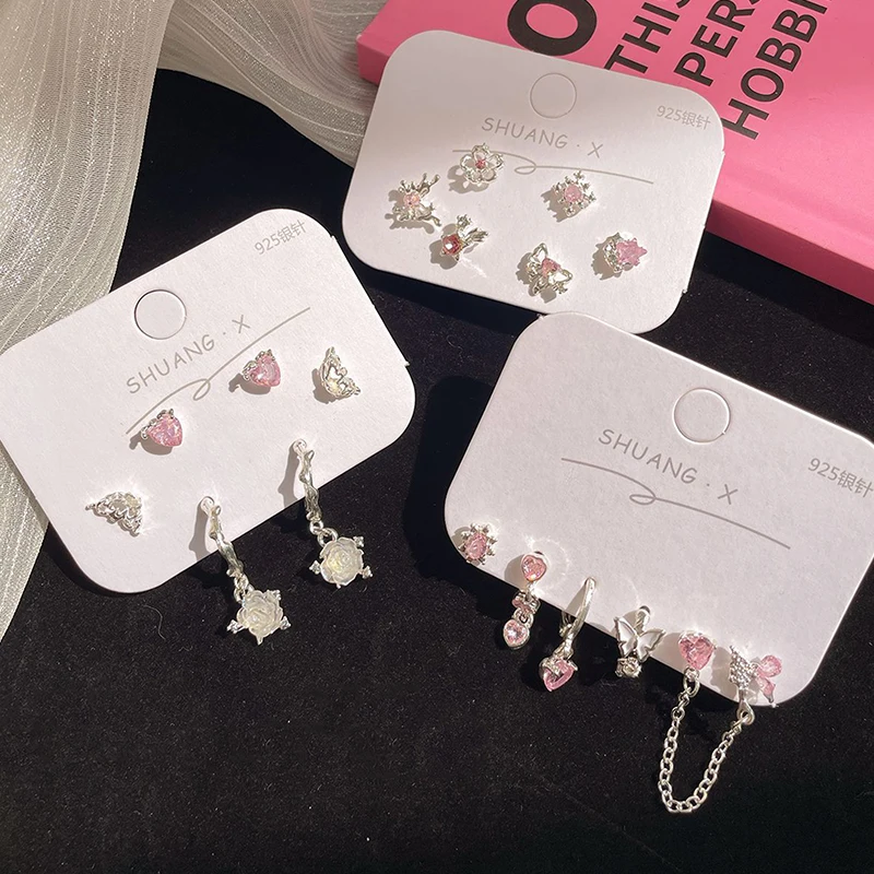 6Pcs Fashion Sweet Heart Stud Earrings For Women Girls Personality Fashion Temperament Earrings Jewelry Accessories Gifts