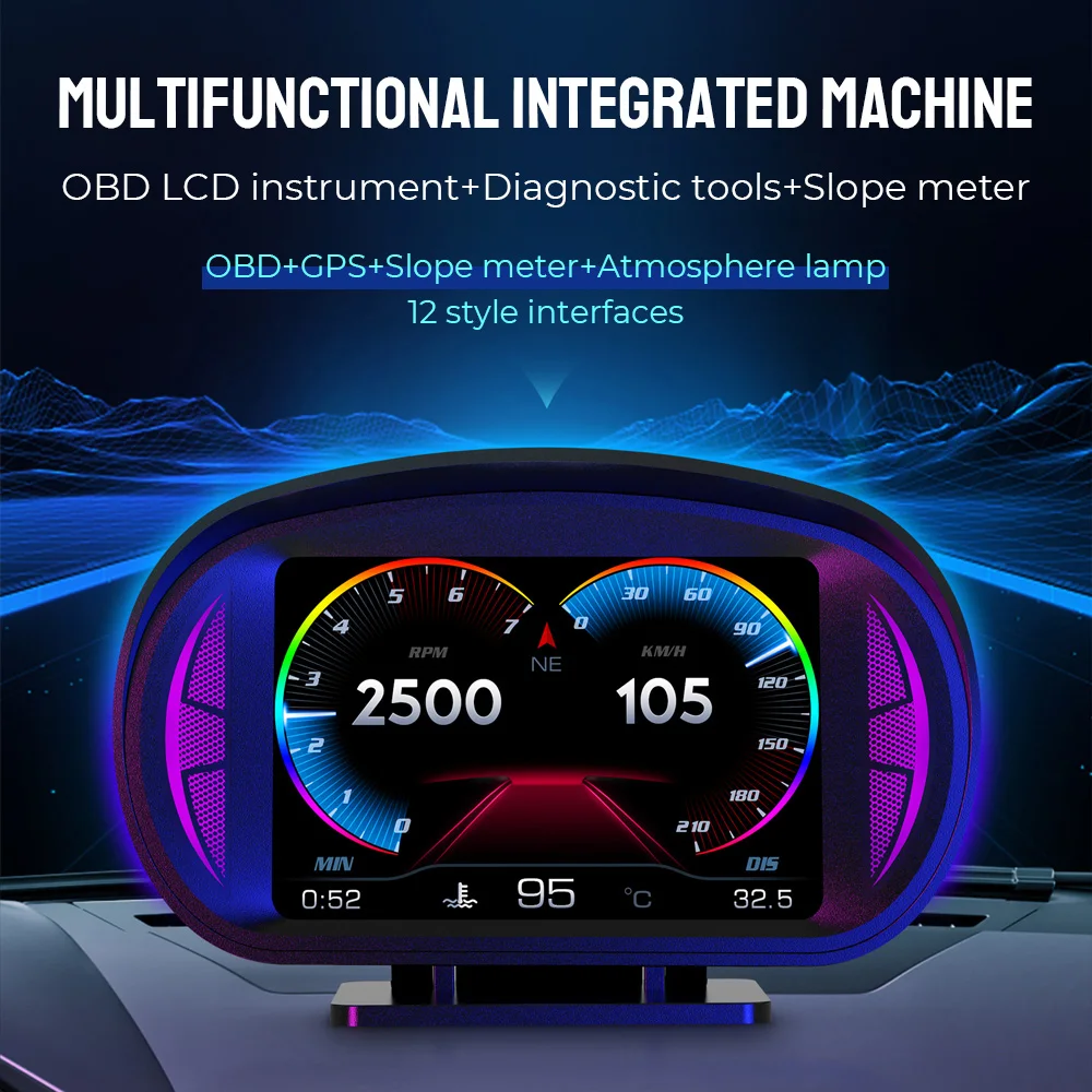 

Car Head Up Display Slope Tilt Meter Overspeed Alarm P2 Dual System HUD Car Electronic Security Alarm Digital Speed Alarm