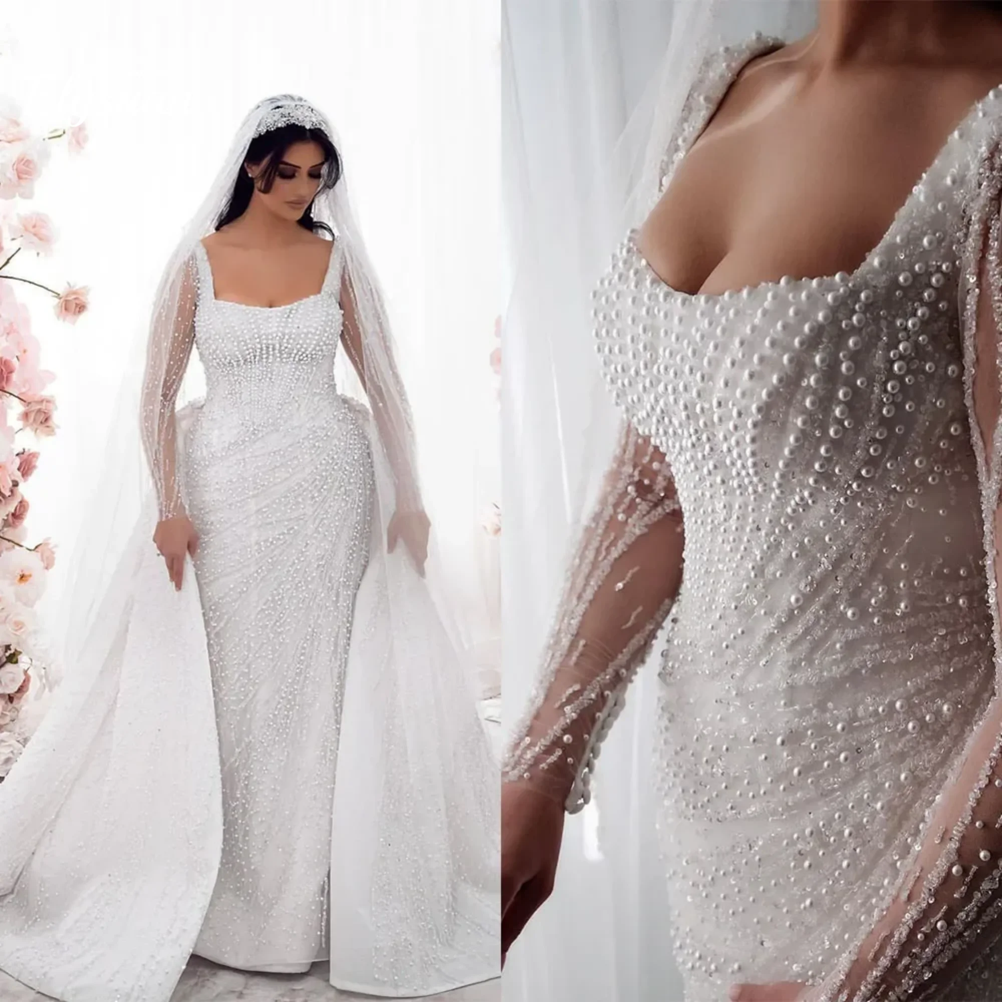 Vestidos De novia De sirena personalizados, vestidos De novia sin mangas con perlas De satén y encaje, bata De novia De tren desmontable De talla grande