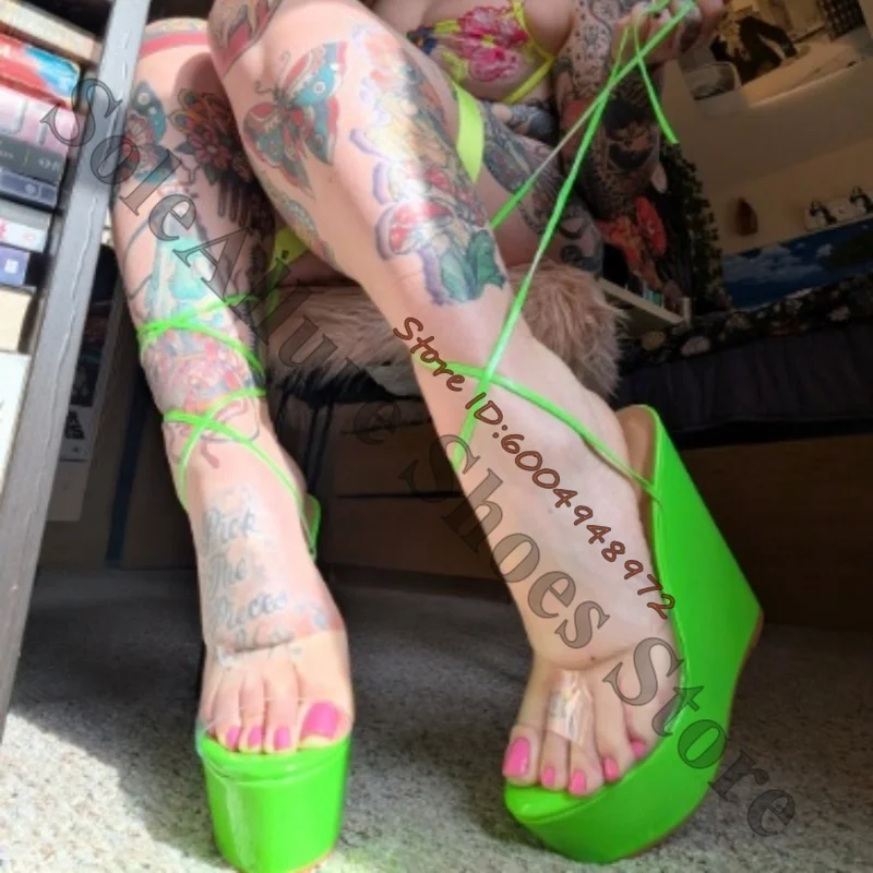

Neon Green Patent Platform Wedge Sandals Crisscross Lace Up Ankle Wrap Open Toe Shoes Bright Color Trendy Street Daily Sandals