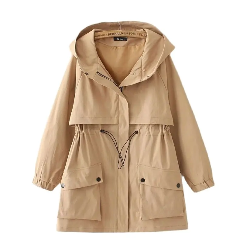 2023 New Spring Autumn Mid-length Khaki Women's Trench Coat Loose Hooded Drawstring Zipper Jacket Women Windbreakers Outcoat