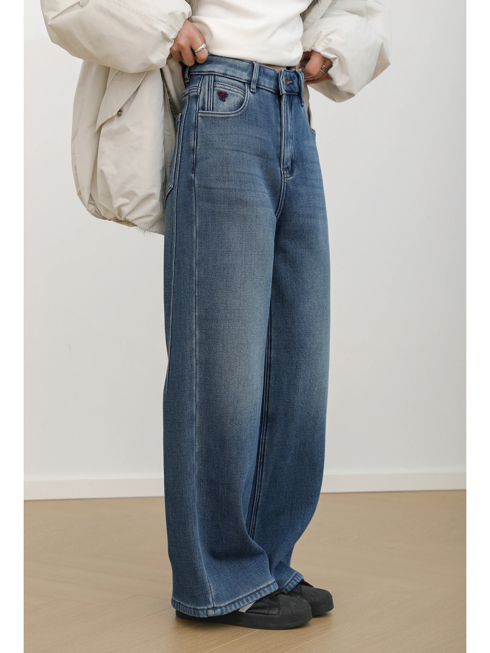 

Джинсы женские Cisas с вышивкой, на подкладке, прямые, широкие, с высокой талией, из хлопкового стрейч-денима