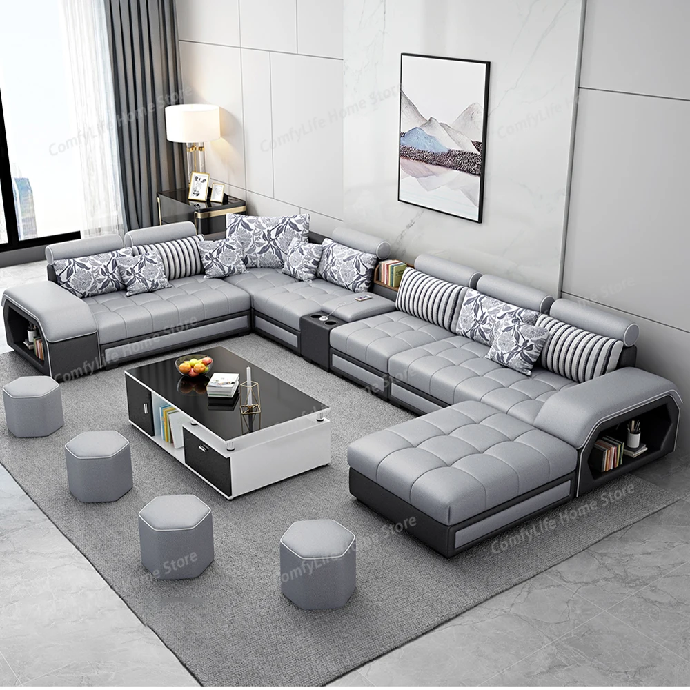 

Fabric Sofa Set Furniture Living Room Sofa Set with USB and Stools / Big U Shape Cloth Couch Sofas for Home Furniture