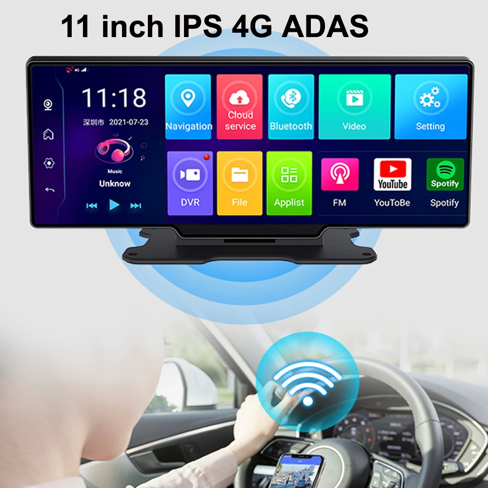 Cámara DVR para coche IPS 4G ADAS de 11 ", navegación GPS V10, Android 8,1, WiFi, 1080P, cámara de salpicadero Full HD, espejo de revisión, grabadora de cámara Dual