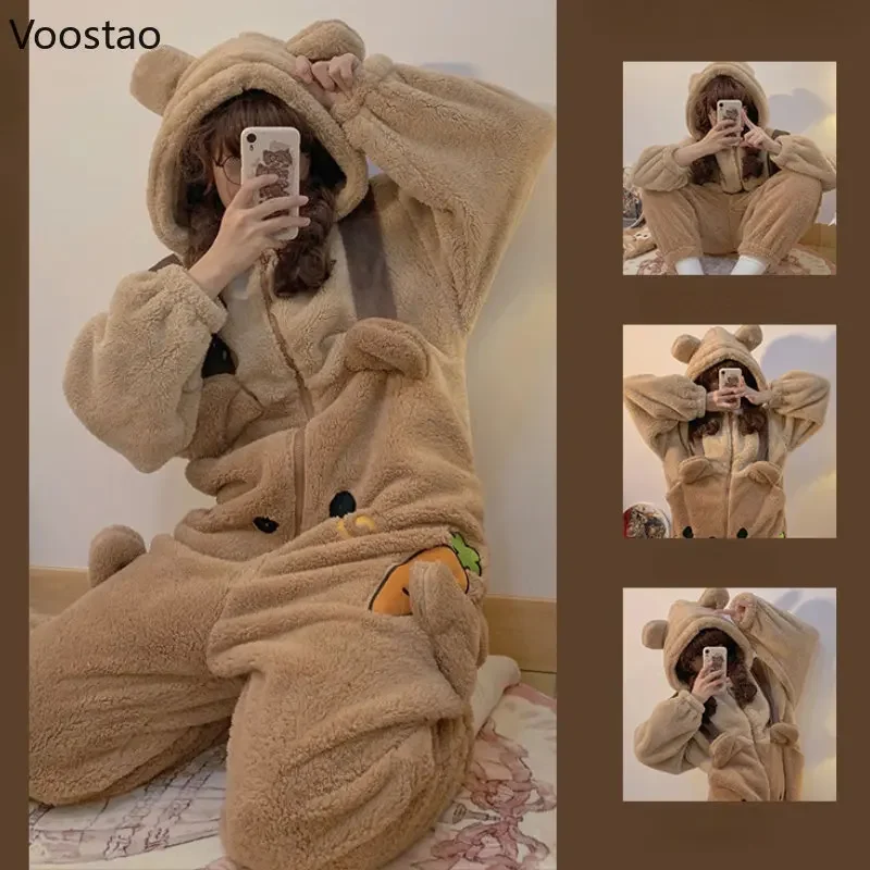 

Sweet Bear Ears Hooded Onesies Sleepwear Women Autumn Winter Warm Pajamas Kawaii Nightwear Pyjamas Jumpsuit Female Cute Homewear