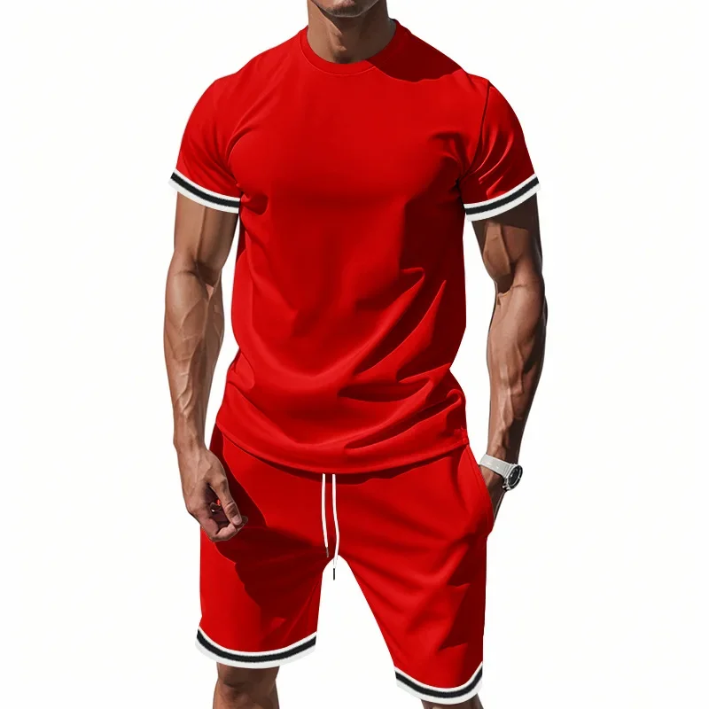 LIBIELIY Summer New Fashion Men's Loose Solid Color Plus Size 2 Piece Set O-neck Short Sleeve T-shirts Knee Length Shorts Male C