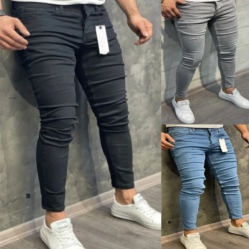 

Skinny Jean Mid Waist Pencil Pants Zipper Fly Washed Denim Ankle Length Pants Men Sheath Jeans Pockets Casual Solid 2024