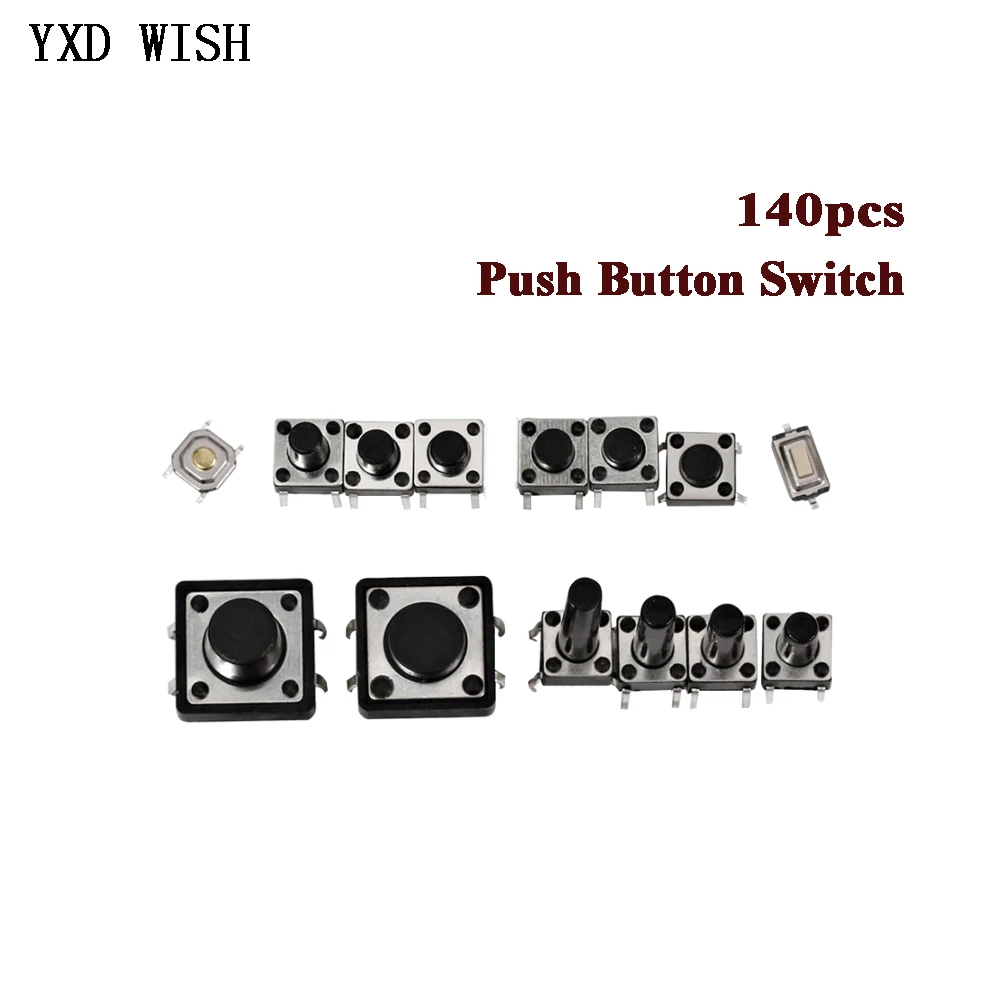 140pcs 14 Value Tact Switch Push Button Switch SMD DIP Micro Switch 3x6 4x4 6x6 12x12 MM DIY Switch set for TV/Toys/home Use