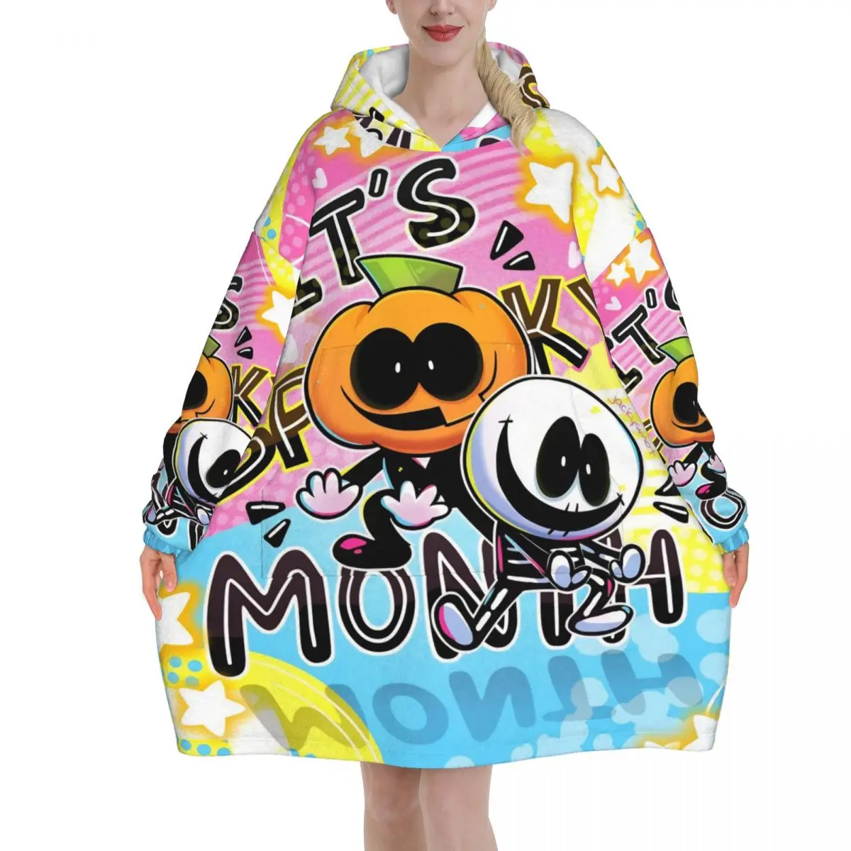 Spooky Month Blanket Hoodie Wearable Blanket Oversize with Pocket Warm Sleeping Bag Soft Cozy Onesie