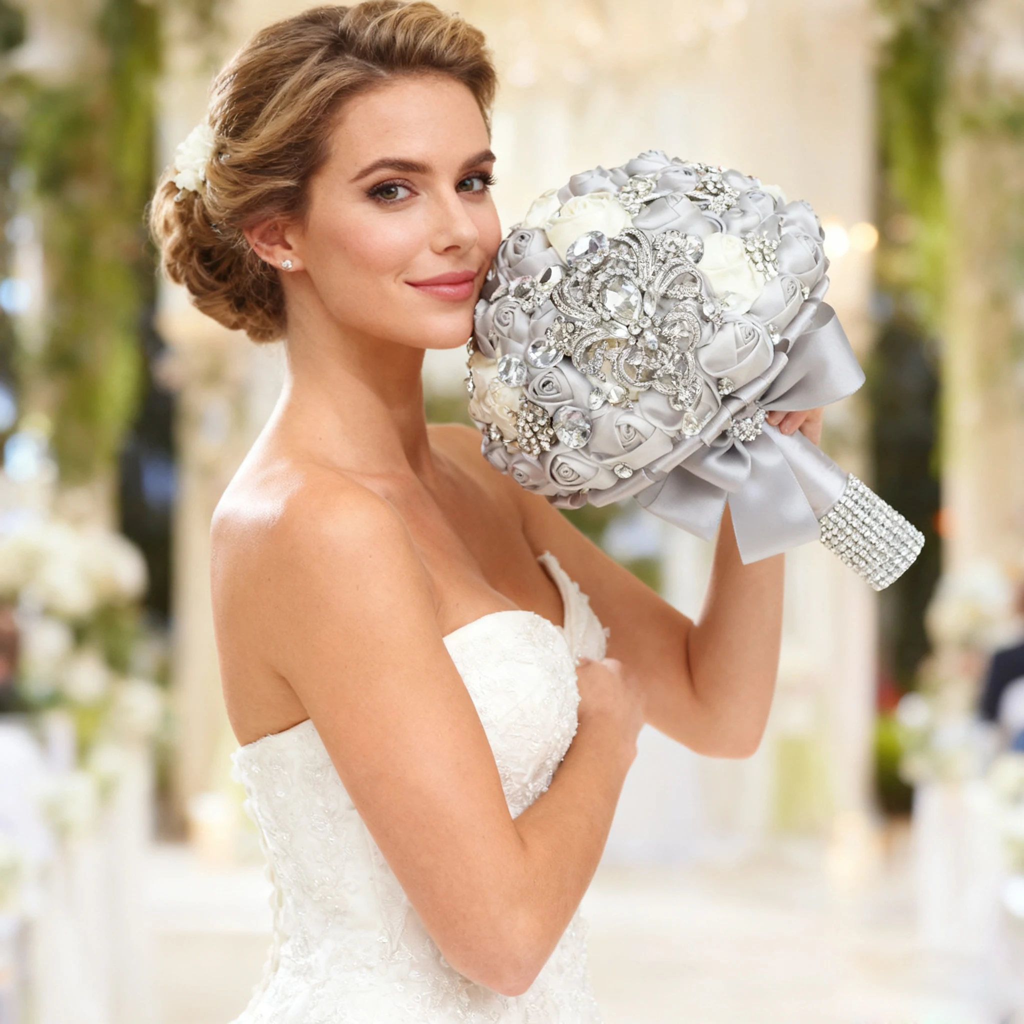 

Luxury Grey Satin Rose Bridal Bouquet with Pearls and Rhinestones Wedding Flower Bouquet for Brides