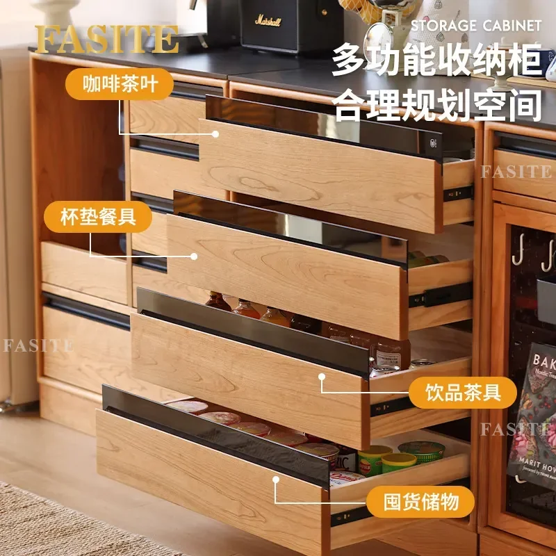 Nordic Solid Wood Modular Dining Side Cabinet Cherry Wood Japanese Style Storage Rock Slab Coffee Tea Cabinet for Kitchen