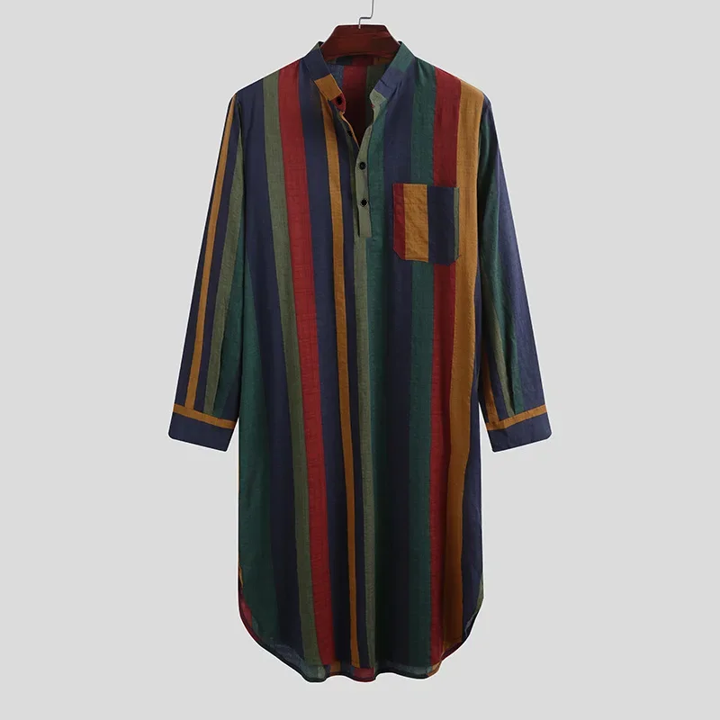 イスラム服メンズファッション長袖イスラム教徒ドレスソフトアバヤローブアラビアオム Musulman サウジ男性ストライプスリープシャツ