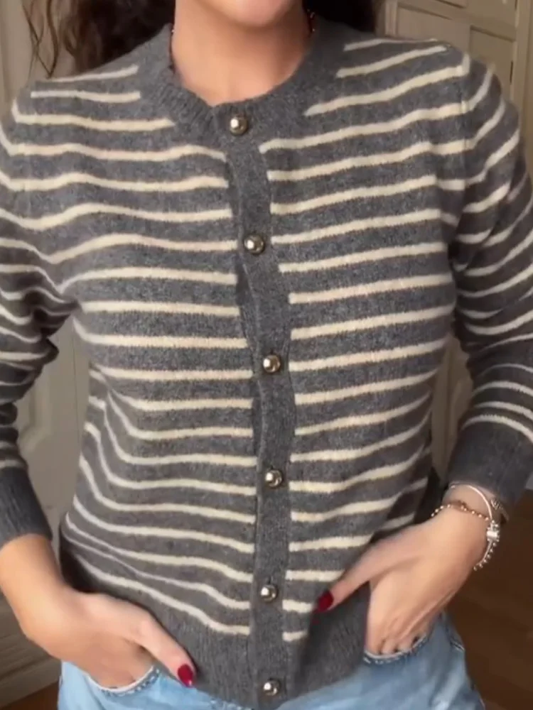 

HH Women Autumn Fashion Cardigans Round Collar Knitted Cardigan Women Chic Single-Breasted Striped Long Sleeve Resilience Top