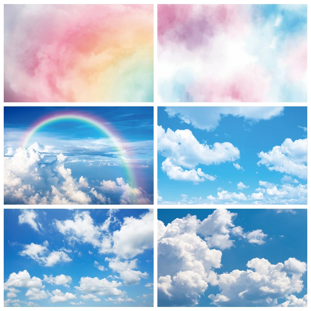 Gradient Rainbow Cloud Photography Backdrops Blue Sky White Cloud Baby Shower Birthday Party Decor Background For Photo Studio