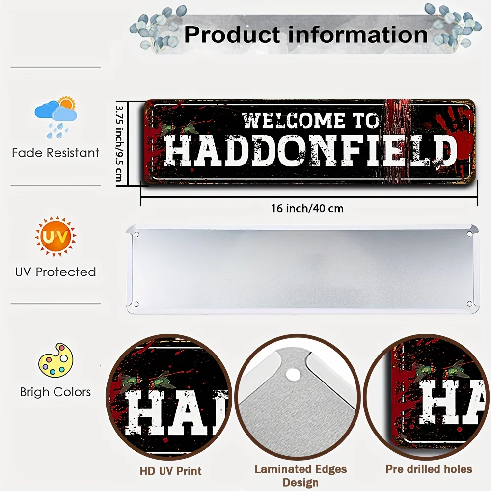 مرحبًا بكم في لافتة Hatdonfield Horror Street المعدنية المصنوعة من القصدير، وديكور رعب الهالوين القديم