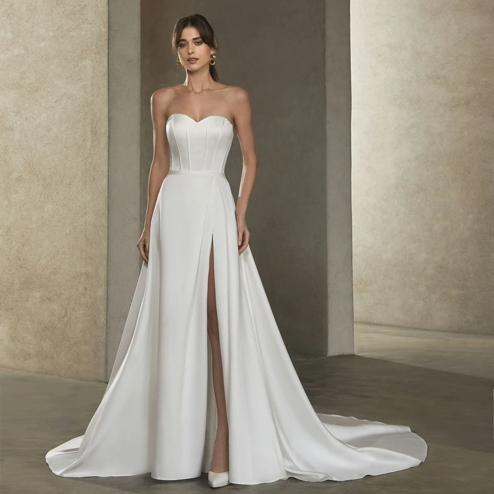 

Simple Sweetheart Neck Wedding Dresses Strapless Front Slit Bridal Grown Court Train Sleeveless Stain A Line Vestido De Noiva