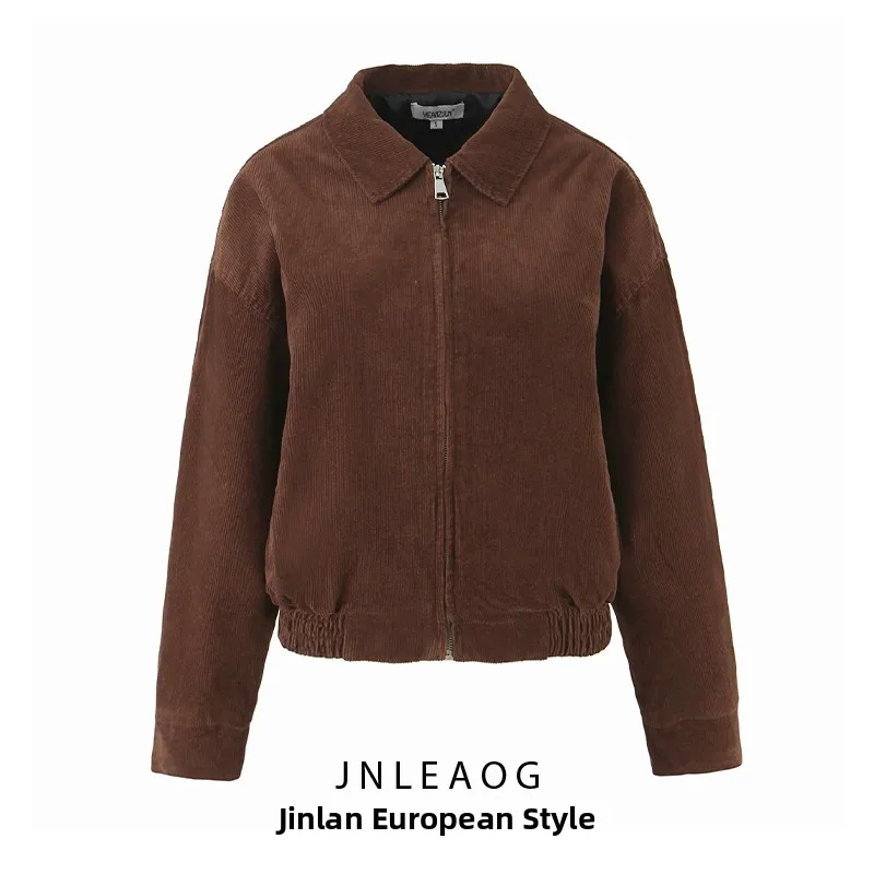 

Faionable Corduroy Jaet Women's Autumn New Sle JNLEAOG ort Outerwear Ele Reed Bread Color Zipper Closure Long Sve