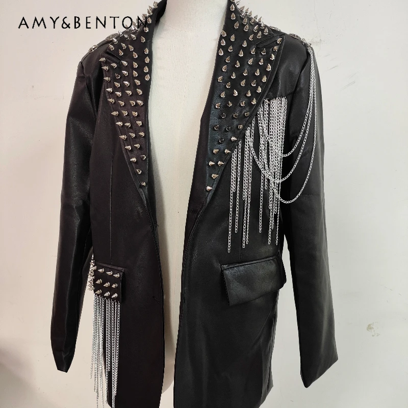 

European American Punk Rivet Chain PU Women's Coat Original Design Gothic Dark Rock Locomotive Heavy-duty Leather Jacket Unisex