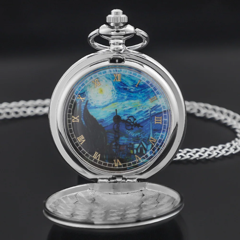 

Vintage Famous Painting Starry Sky Dial Pocket Watch Women Men Silver Pocket Watches with Fob Chain Masculino Relogio Clock Gift