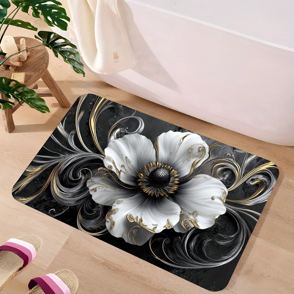 Elegant Floral Baroque Bathroom Mat Rug Runner Floor Decor Luxury White Gold Peony Print Home Accent Area Carpet Bath Mat