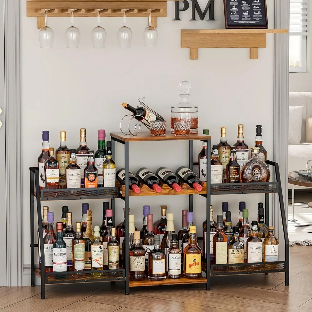 

Liquor Cabinet with Fences, Wine Rack Freestanding Floor, 4 Tier Trapezoidal Bar Stand, Expanded Capacity Bar Cabinet for Liquor