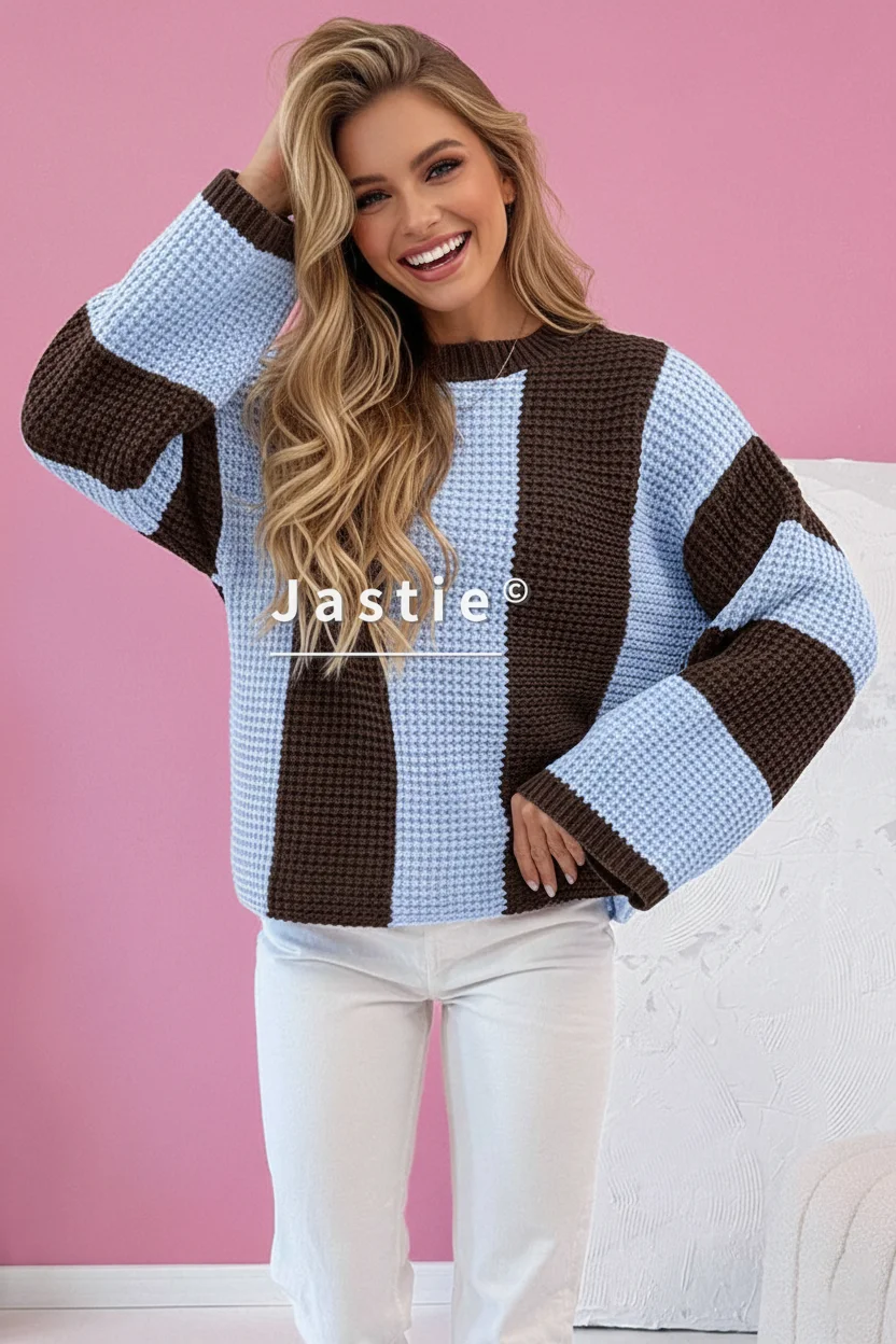 المرأة الوردي والبني مخطط الهراء متماسكة سترة المتضخم طاقم الرقبة قطرة الكتفين دافئ بلوزة كاجوال لخريف/شتاء القمم #3