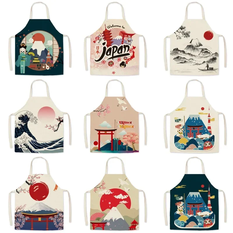 Japanese Ukiyo Pattern Decoration Sleeveless Apron Cotton Linen Kitchen Aprons Women Home Cooking Baking Waist Bib Pinafore