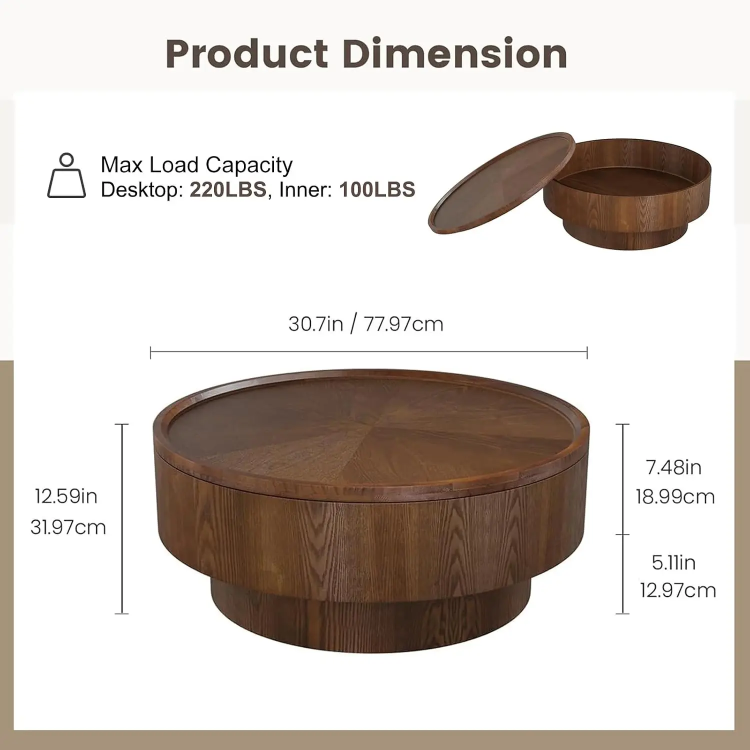 Round Coffee Table Hidden Storage Compartments Walnut Veneer, Customized
